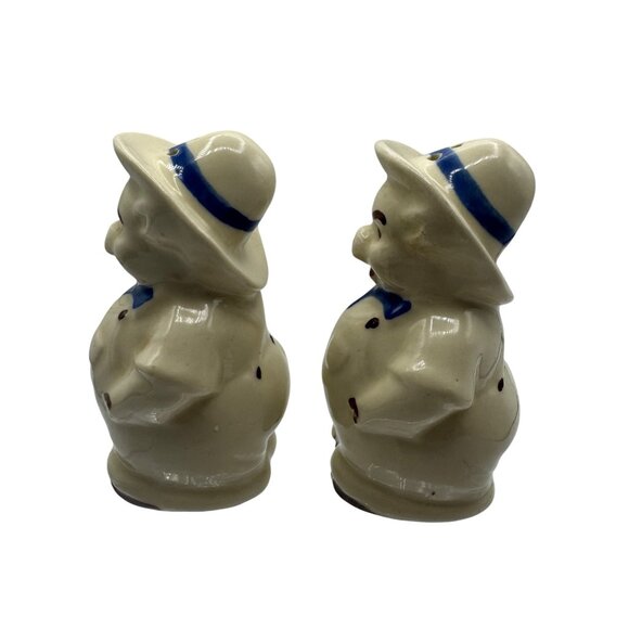 Vintage Ceramic Pig Salt & Pepper Shakers With Blue Accents & Hats - Picture 2 of 5